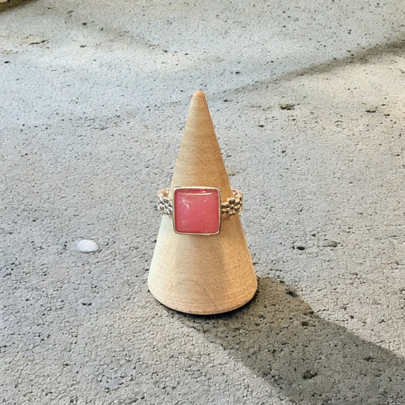 One-of-a-Kind AAA Calibrated Pink Jade Sterling Silver Square Floral Band Ring