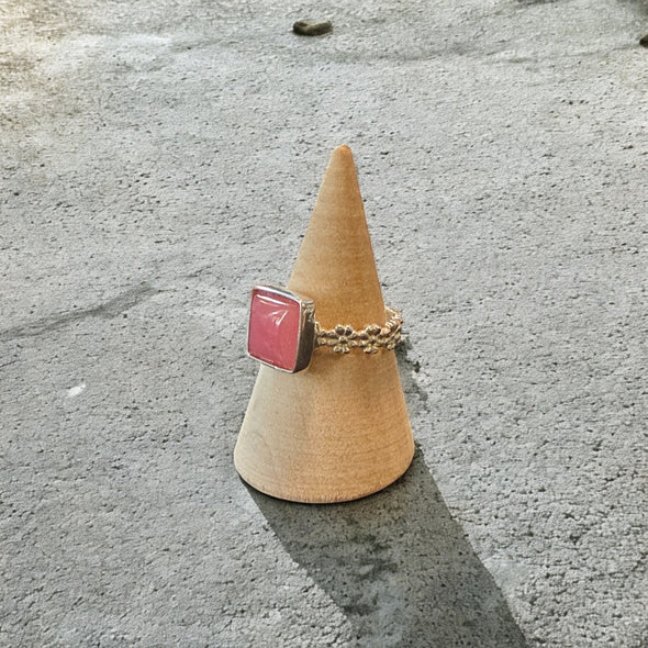 One-of-a-Kind AAA Calibrated Pink Jade Sterling Silver Square Floral Band Ring