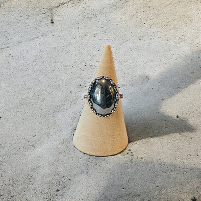 One-of-a-Kind Smooth Oval Natural Hematite Floral Bezel Sterling Silver Ring