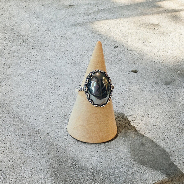 One-of-a-Kind Smooth Oval Natural Hematite Floral Bezel Sterling Silver Ring