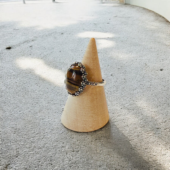 One-of-a-Kind Smooth Oval Natural Tiger Iron Floral Bezel Sterling Silver Ring