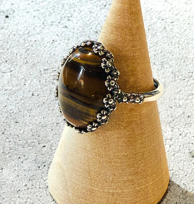 One-of-a-Kind Smooth Oval Natural Tiger Iron Floral Bezel Sterling Silver Ring