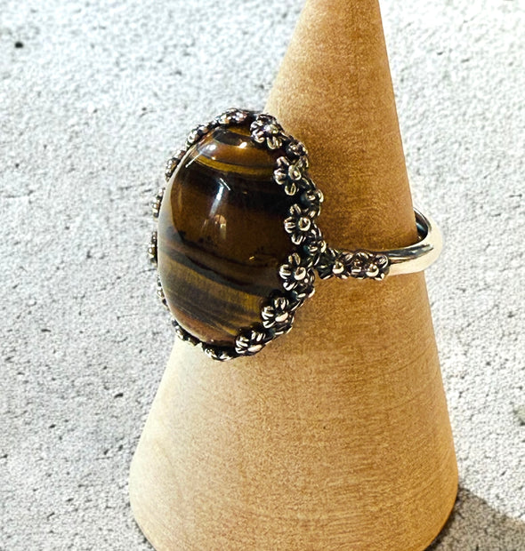 One-of-a-Kind Smooth Oval Natural Tiger Iron Floral Bezel Sterling Silver Ring