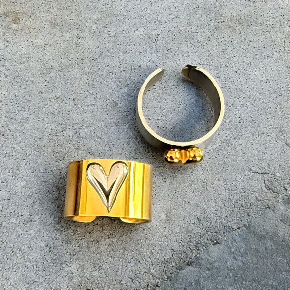 Waterproof Two-Tone Puffed Heart Ring Polished Stainless Steel & 18k Gold PVD Plated Stainless Steel