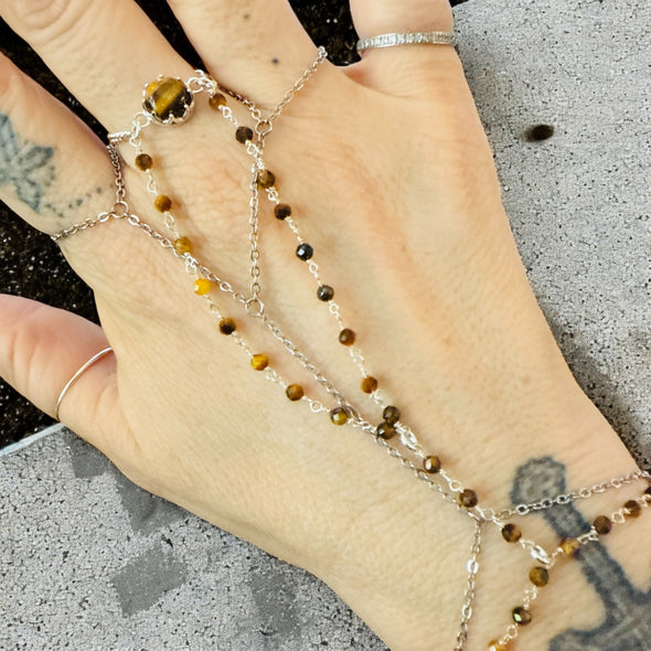 One-Of-A-Kind Gemstone Hand Chain Sterling Silver 2 Strand with Attached Chain Ring