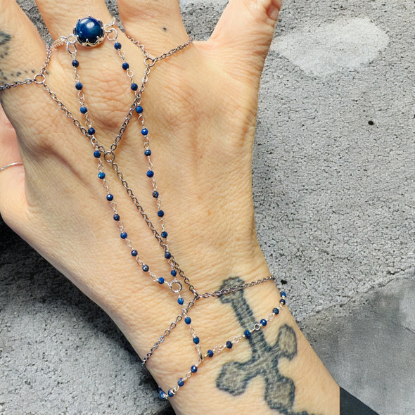 One-Of-A-Kind Gemstone Hand Chain Sterling Silver 2 Strand with Attached Chain Ring