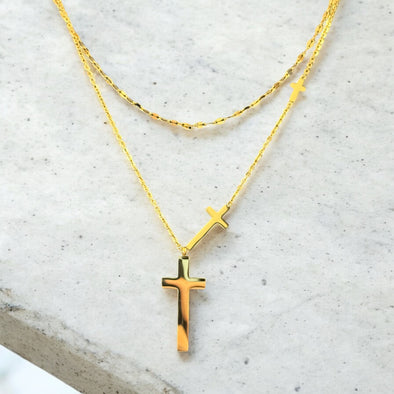Waterproof Dainty flat link//Cable Chain Double Layer Triple Cross Pendant Necklace