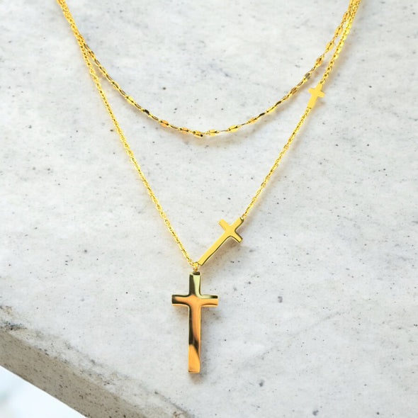 Waterproof Dainty flat link//Cable Chain Double Layer Triple Cross Pendant Necklace