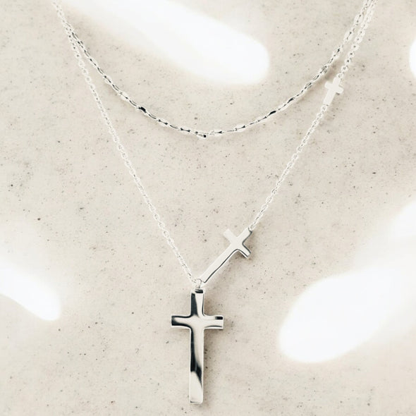 Waterproof Dainty flat link//Cable Chain Double Layer Triple Cross Pendant Necklace