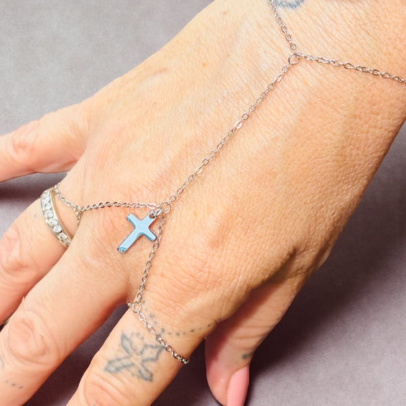 Waterproof Double Finger Cross Hand Chain Polished Stainless Steel & 14k Gold PVD Plated Stainless Steel